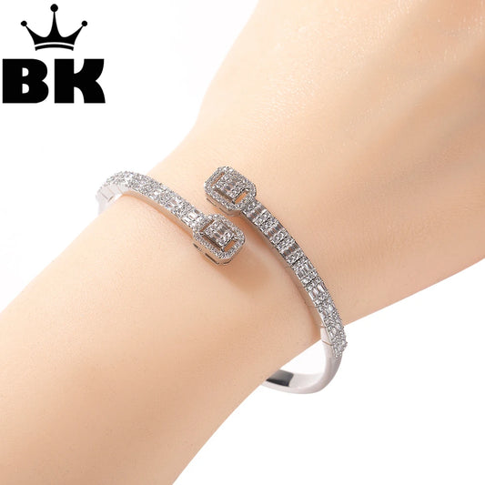 THE BLING KING Women Cuff Bracelet 3A BaguetteCZ Pave Setting Square Charm Thin Adjustable Bangle Elegant Ladies Jewelry Gift
