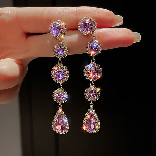 Purple Gemstone Long Pearl Tassel Drop Earrings